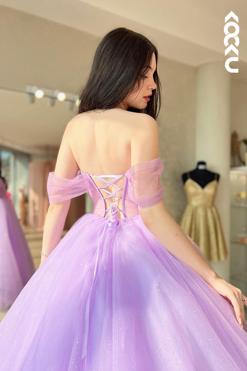 L1223 - A-Line Off-Shoulder Tulle Backless Sleeveless Prom Evening Formal Dress