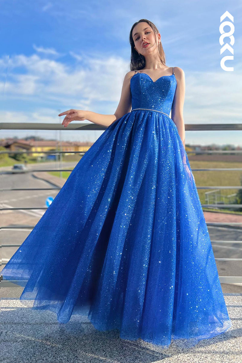 L1225 - A-Line Sweetheart Sequined Belt Sleeveless Prom Evening Formal Dress