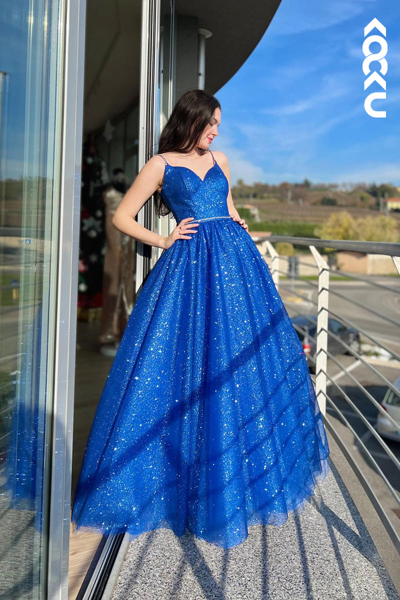 L1225 - A-Line Sweetheart Sequined Belt Sleeveless Prom Evening Formal Dress