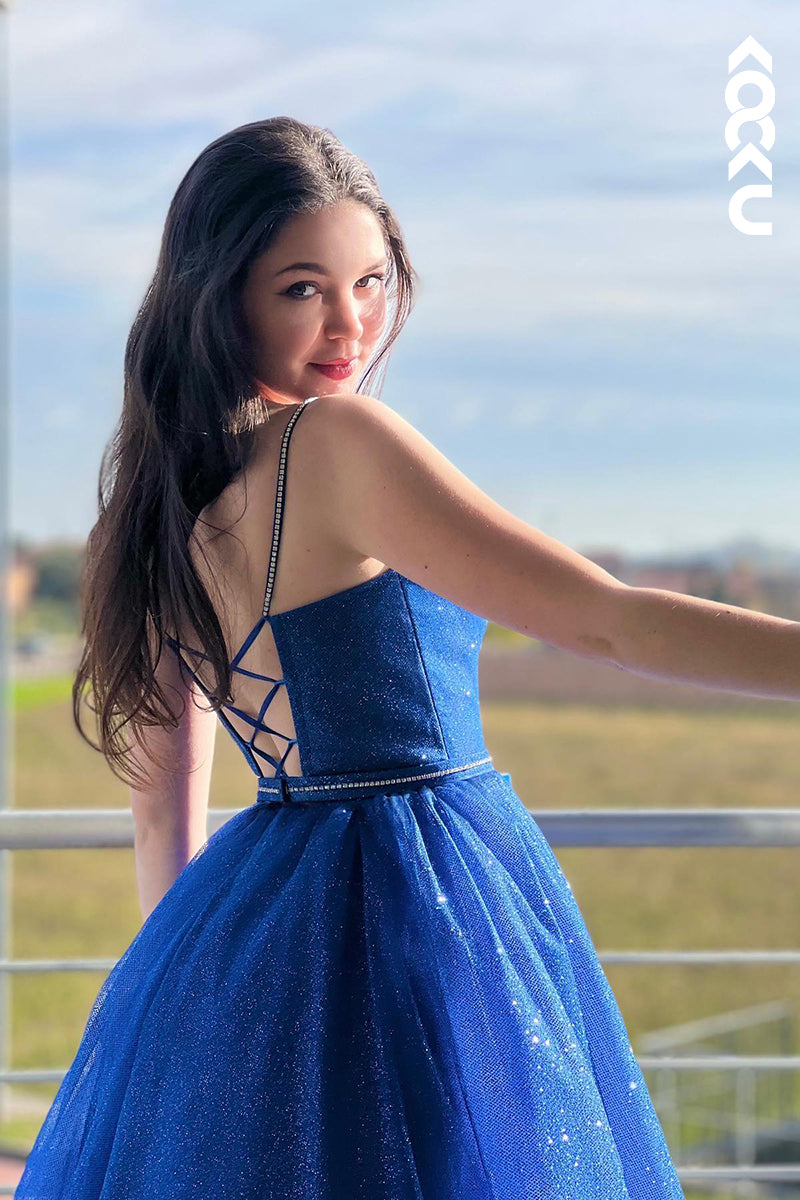 L1225 - A-Line Sweetheart Sequined Belt Sleeveless Prom Evening Formal Dress