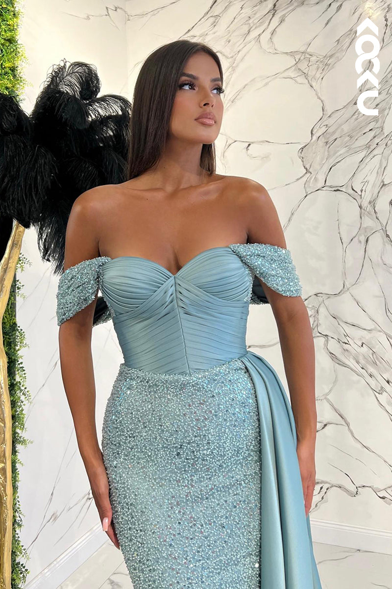 L1236 - Sheath/Column Off-Shoulder Sequined Pleats Sleeveless Prom Evening Formal Dress
