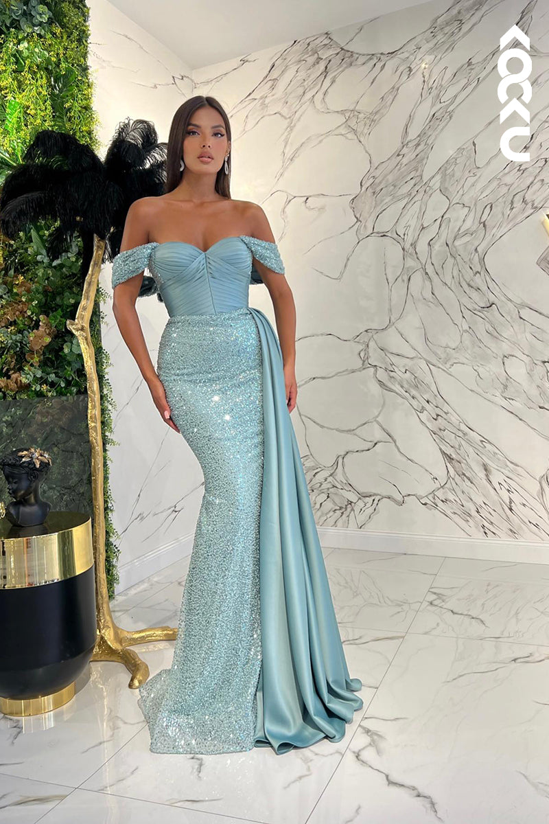 L1236 - Sheath/Column Off-Shoulder Sequined Pleats Sleeveless Prom Evening Formal Dress