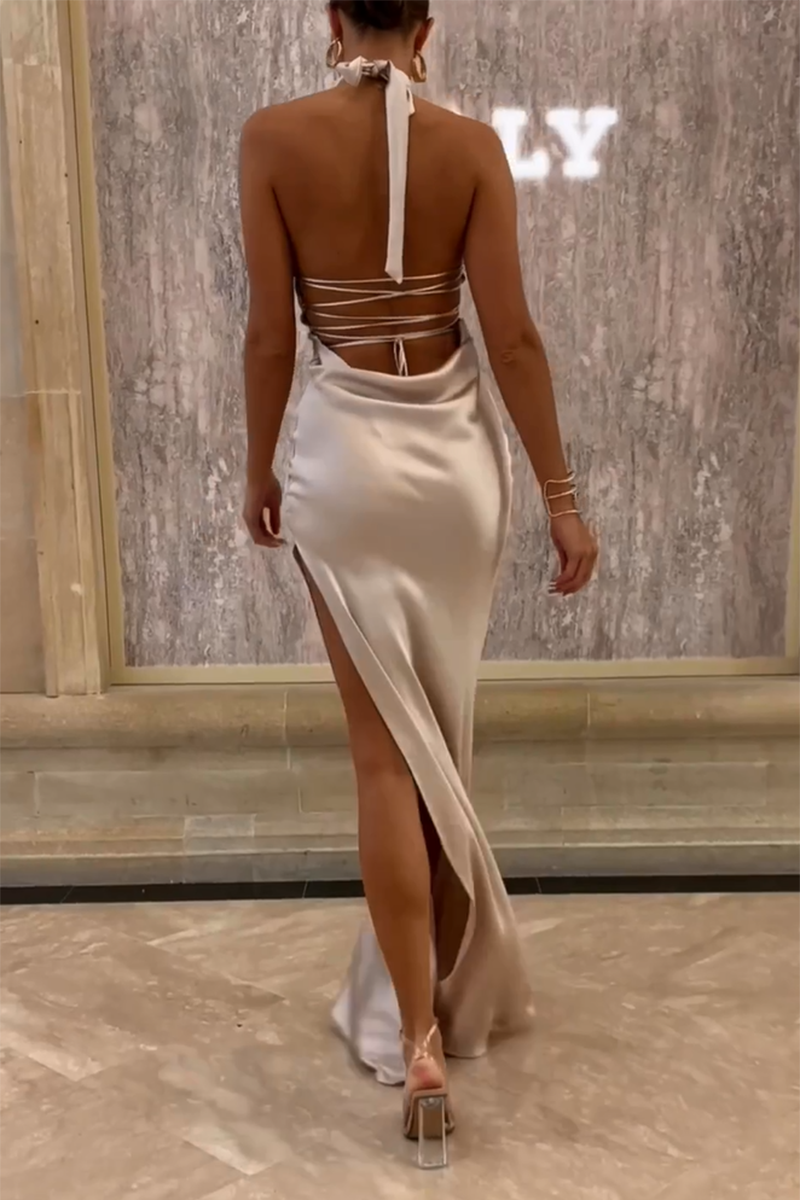 L1239 - Sheath/Column Halter Satin Split Sleeveless Long Prom Evening Formal Dress
