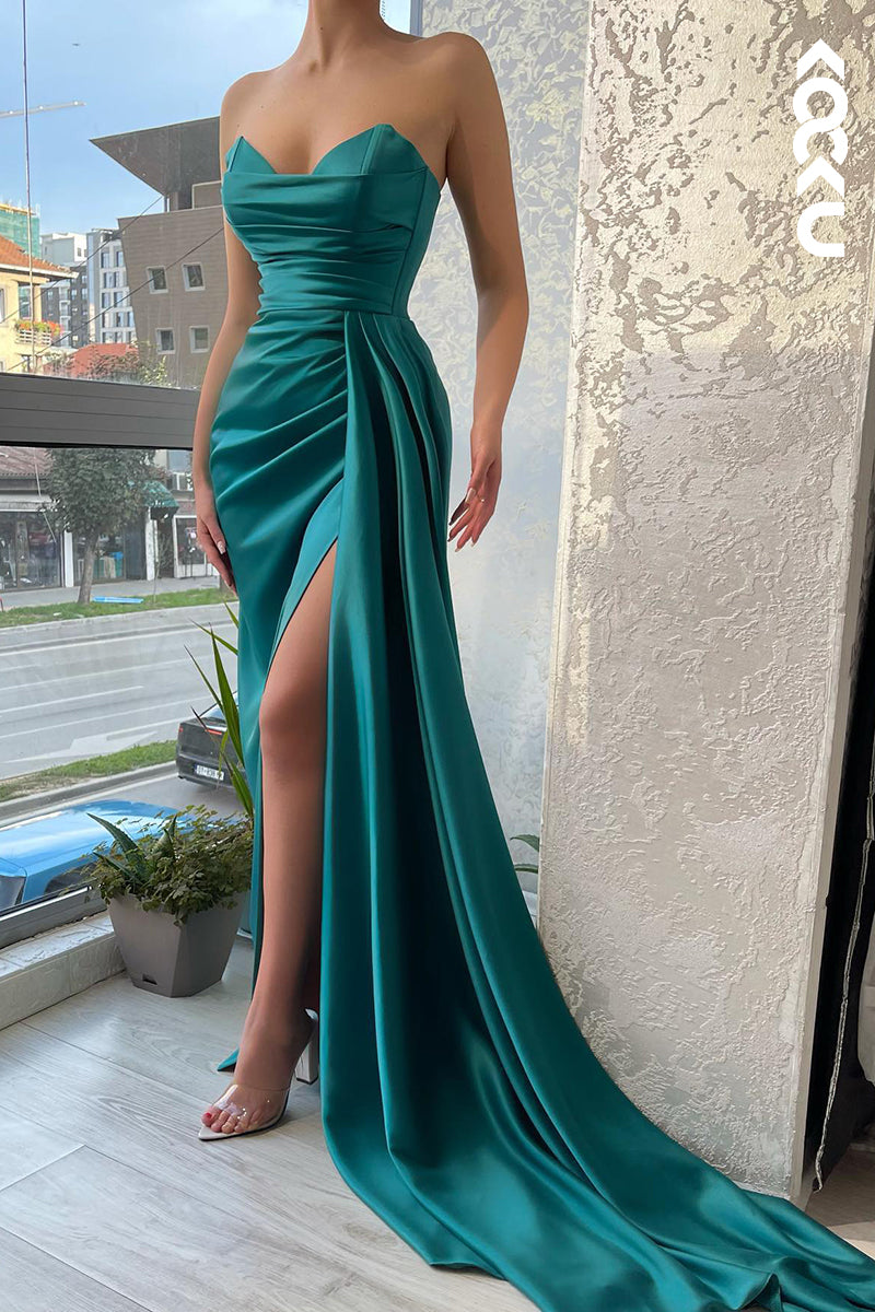L1241 - Sheath/Column Sweetheart Satin Pleats Sleeveless Prom Evening Formal Dress
