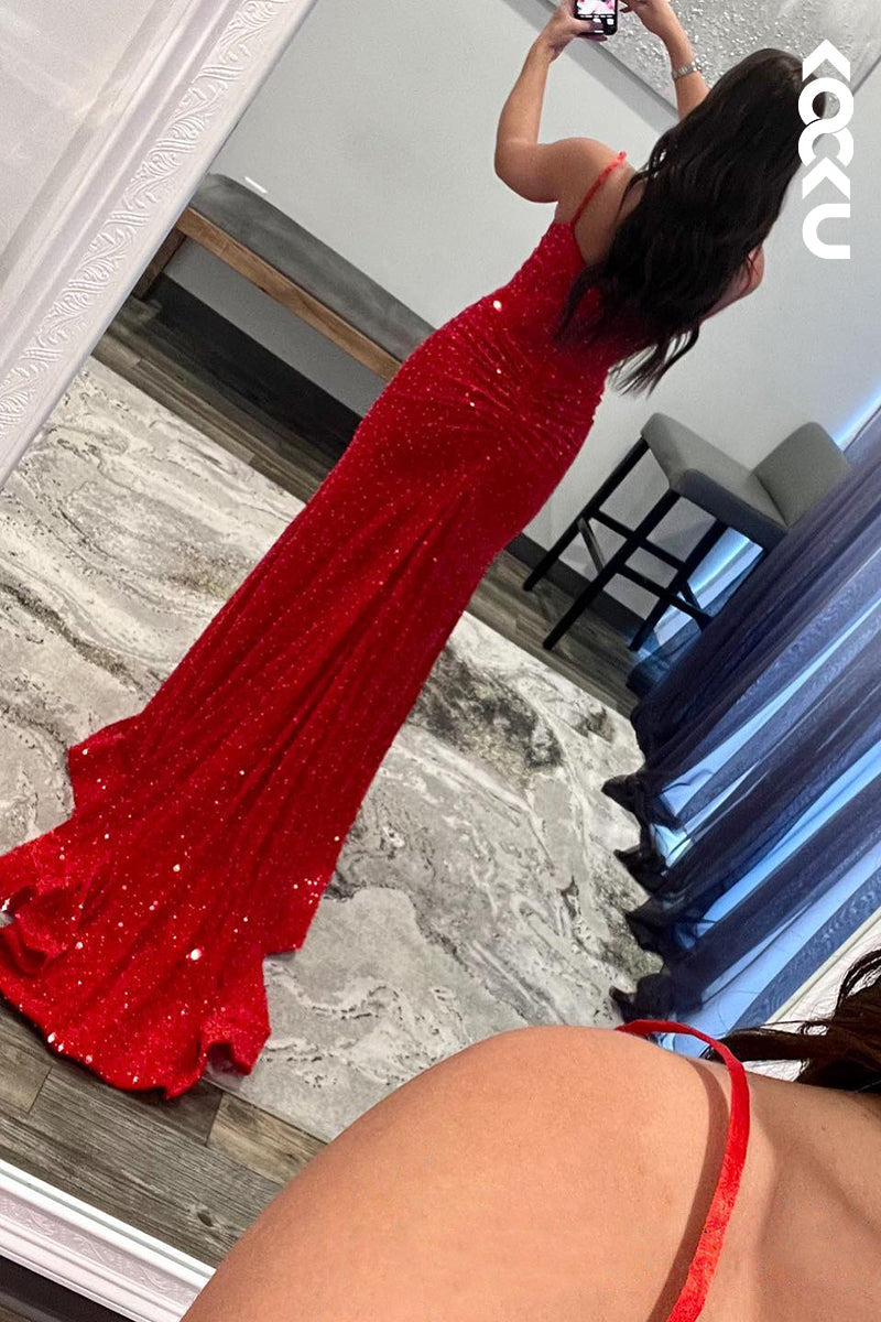 L1243 - Trumpet/Mermaid V-Neck Sequined Sleeveless Prom Evening Formal Dress