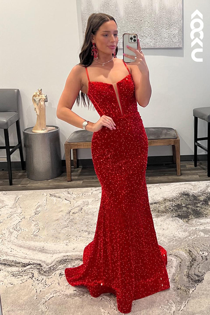 L1243 - Trumpet/Mermaid V-Neck Sequined Sleeveless Prom Evening Formal Dress
