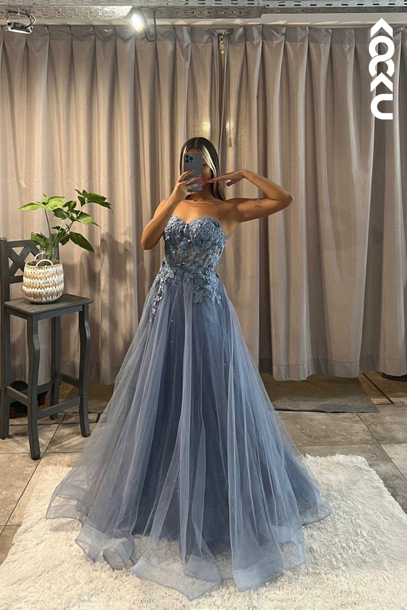 L1245 - A-Line Sweetheart Tulle Appliques Sleeveless Prom Evening Formal Dress