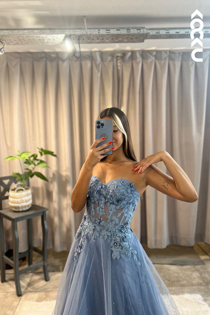 L1245 - A-Line Sweetheart Tulle Appliques Sleeveless Prom Evening Formal Dress