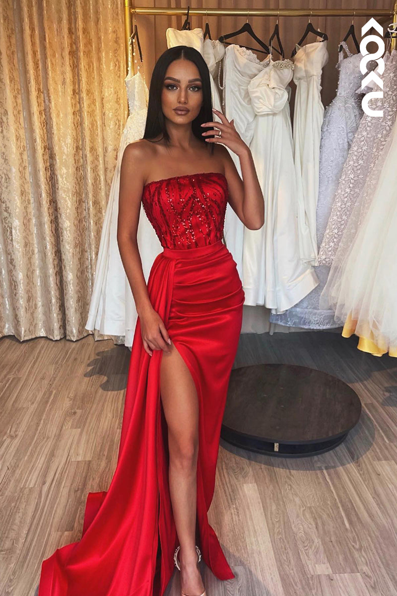 L1246 - Sheath/Column Strapless Satin Sequins Sleeveless Prom Evening Formal Dress
