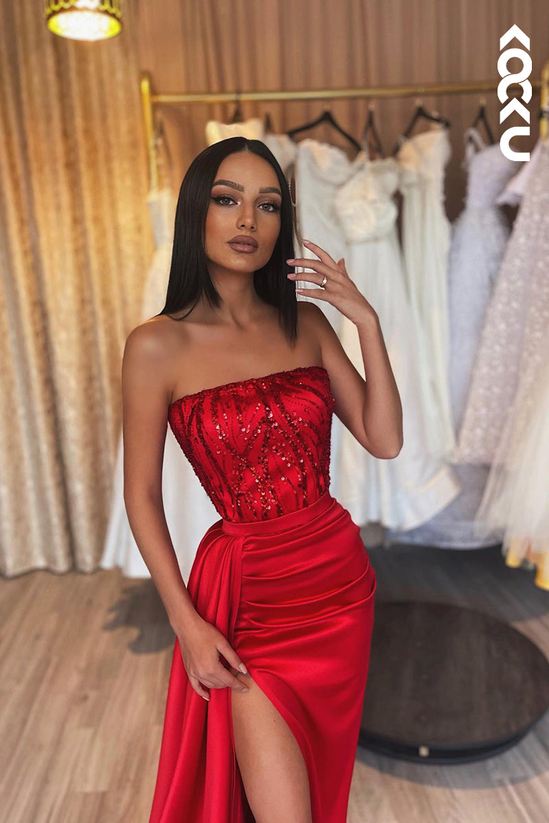 L1246 - Sheath/Column Strapless Satin Sequins Sleeveless Prom Evening Formal Dress