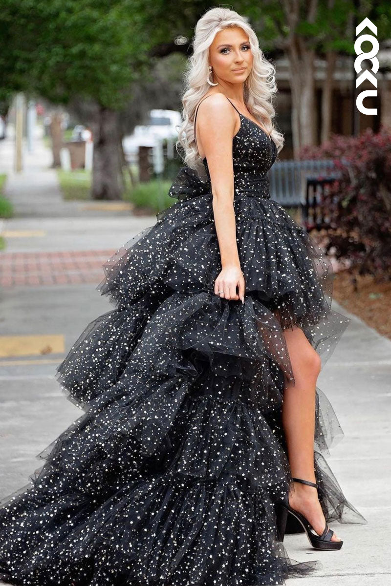 L1254 - High Low Straps Tulle Sequins Sleeveless Prom Evening Formal Dress