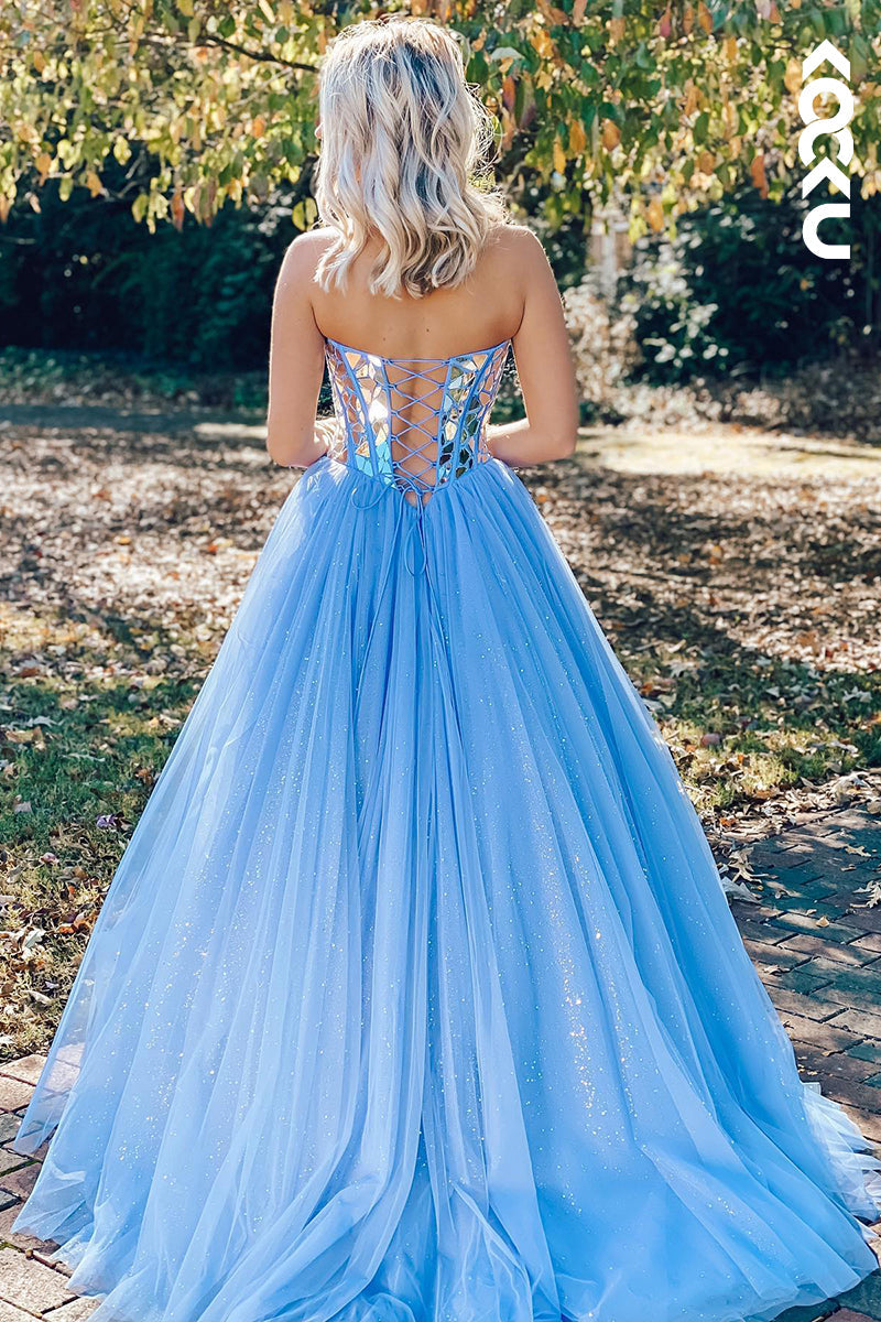 L1256 - A-Line Sweetheart Tulle Beaded Sleeveless Prom Evening Formal Dress