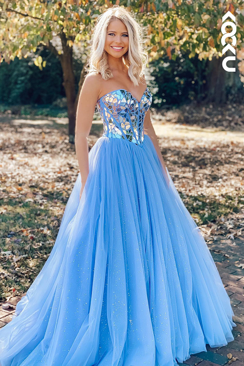 L1256 - A-Line Sweetheart Tulle Beaded Sleeveless Prom Evening Formal Dress