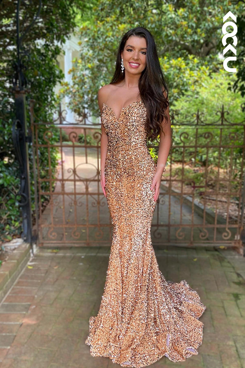 L1260 - Trumpet/Mermaid V-Neck Sequined Sleeveless Beaded Prom Evening Formal Dress