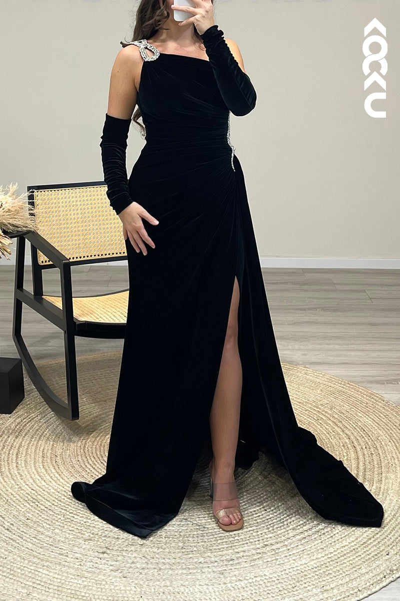 L1261 - One Shoulder Beaded Velvet Mermaid Long Formal Dress for Wedding