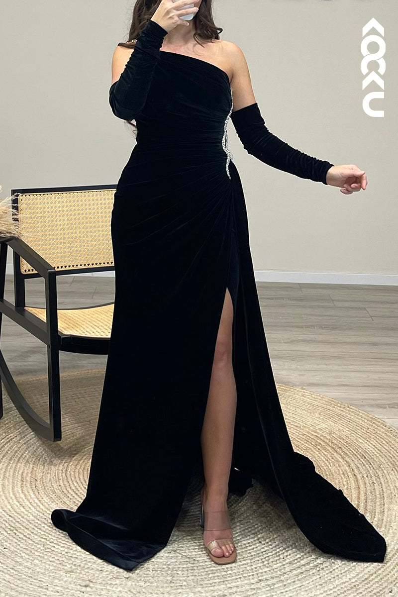 L1261 - One Shoulder Beaded Velvet Mermaid Long Formal Dress for Wedding