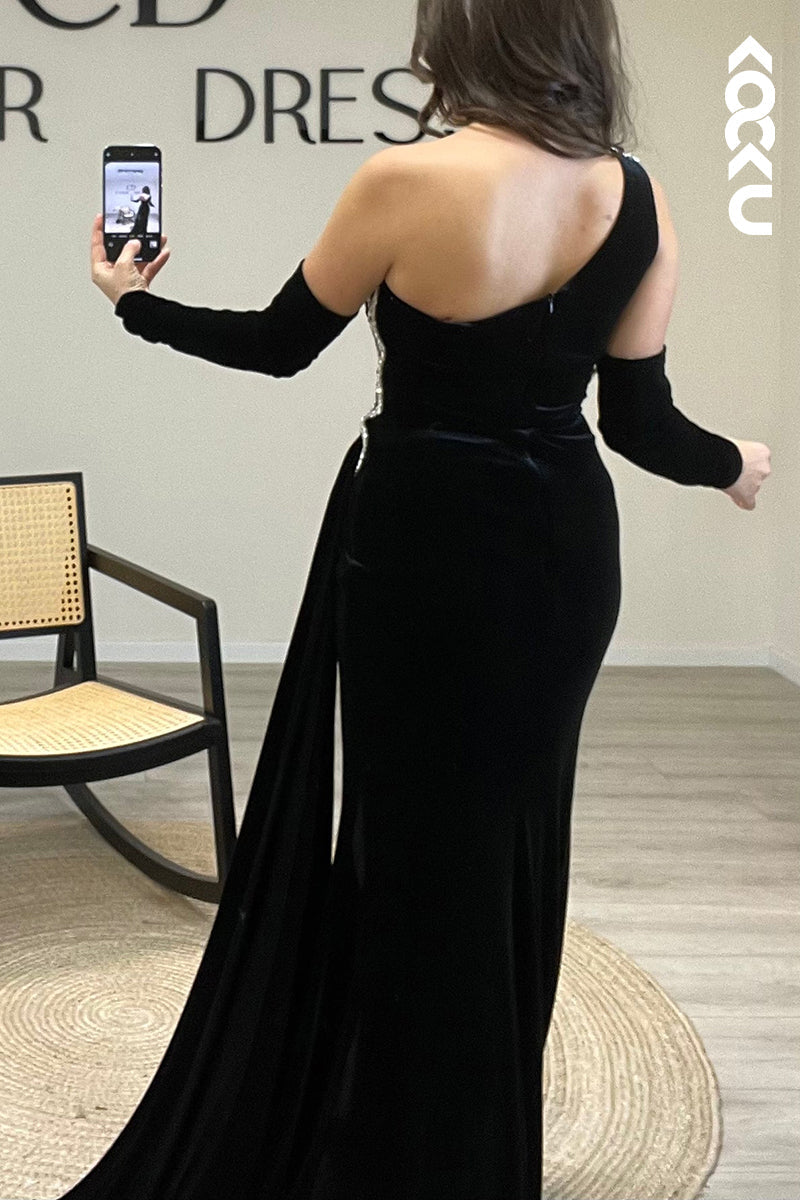 L1261 - One Shoulder Beaded Velvet Mermaid Long Formal Dress for Wedding