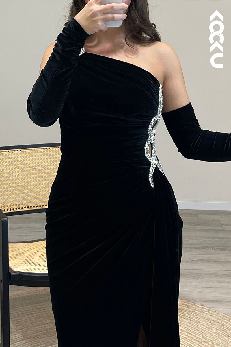 L1261 - One Shoulder Beaded Velvet Mermaid Long Formal Dress for Wedding