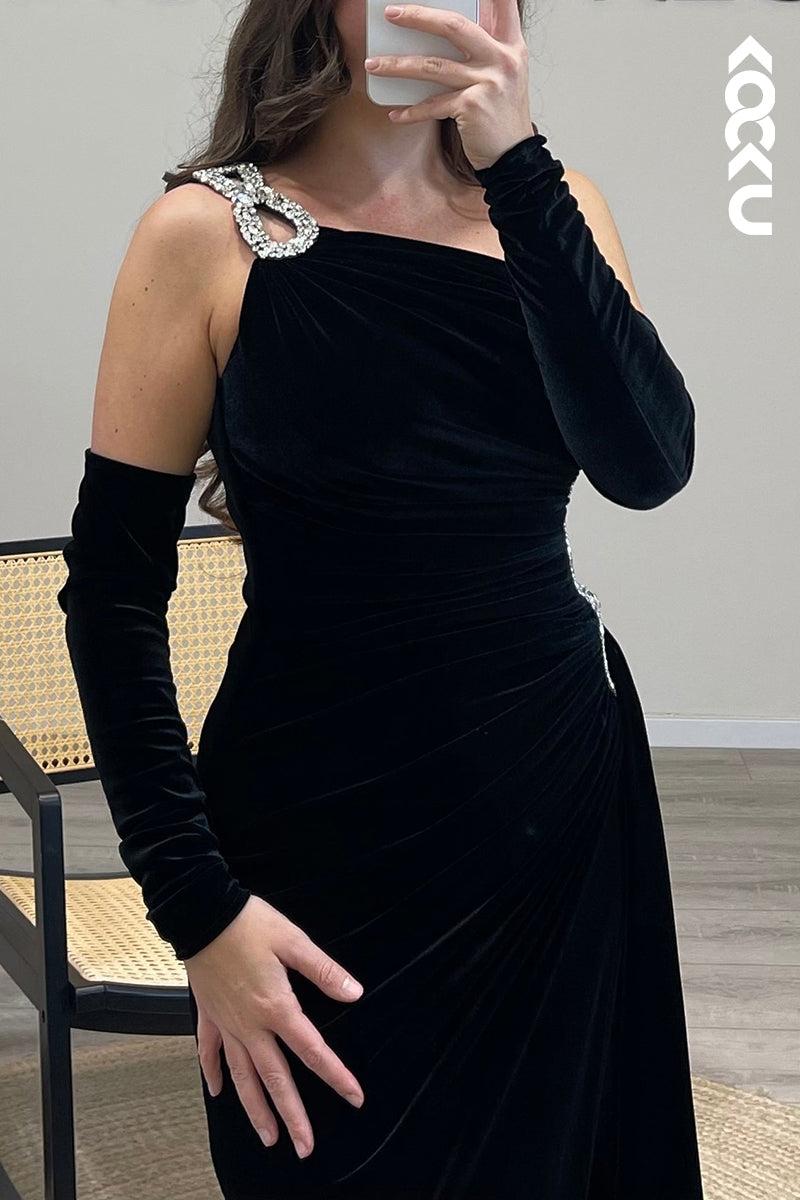 L1261 - One Shoulder Beaded Velvet Mermaid Long Formal Dress for Wedding