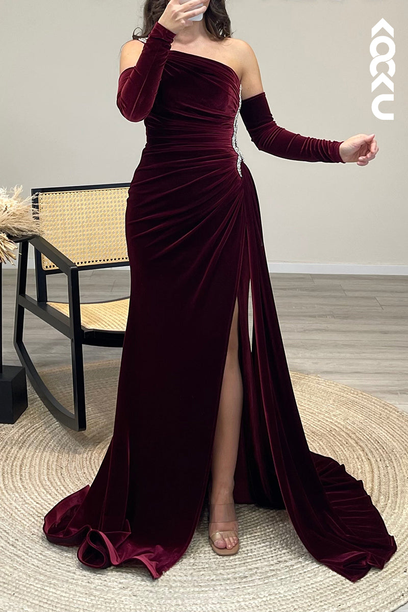 L1261 - One Shoulder Beaded Velvet Mermaid Long Formal Dress for Wedding