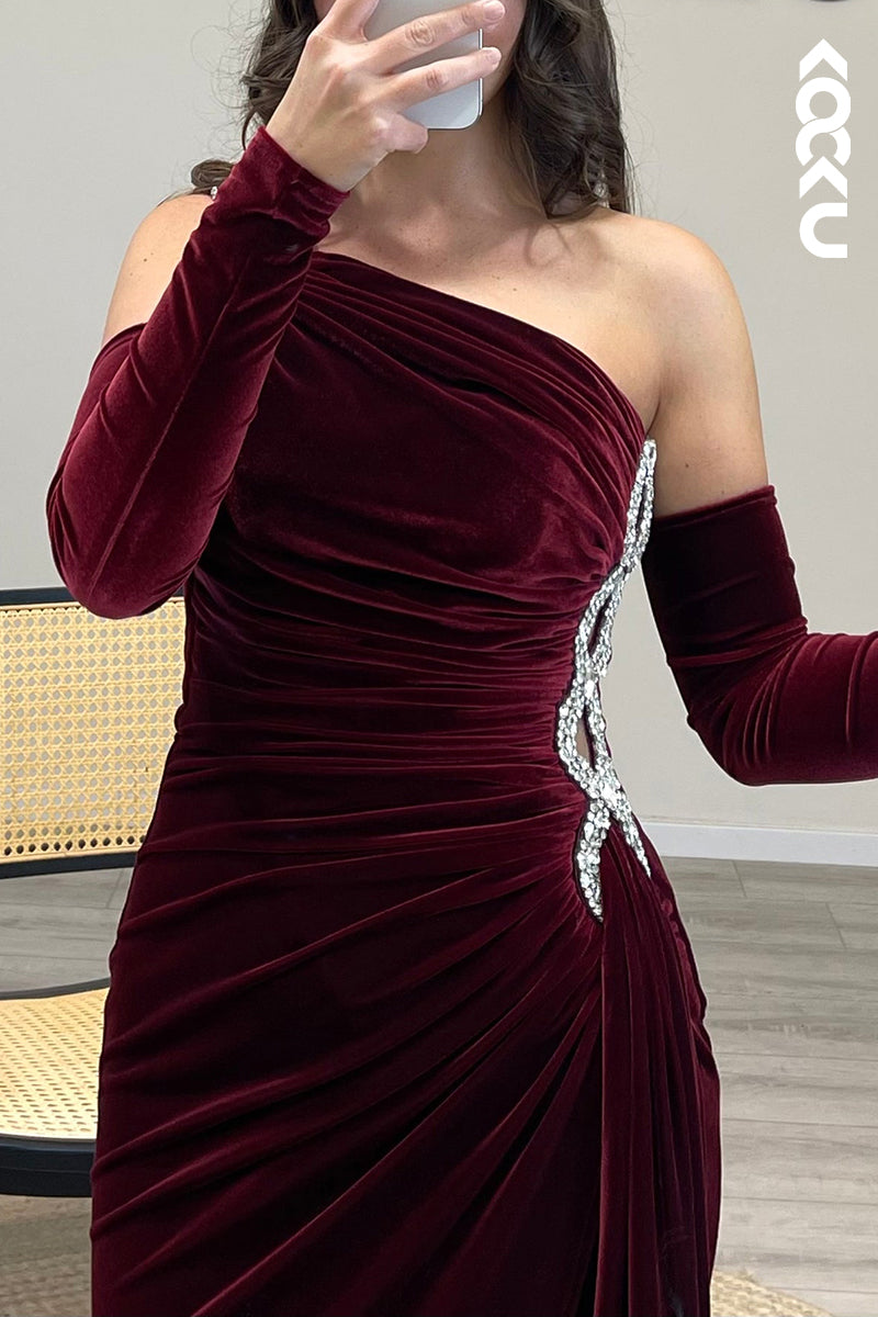 L1261 - One Shoulder Beaded Velvet Mermaid Long Formal Dress for Wedding