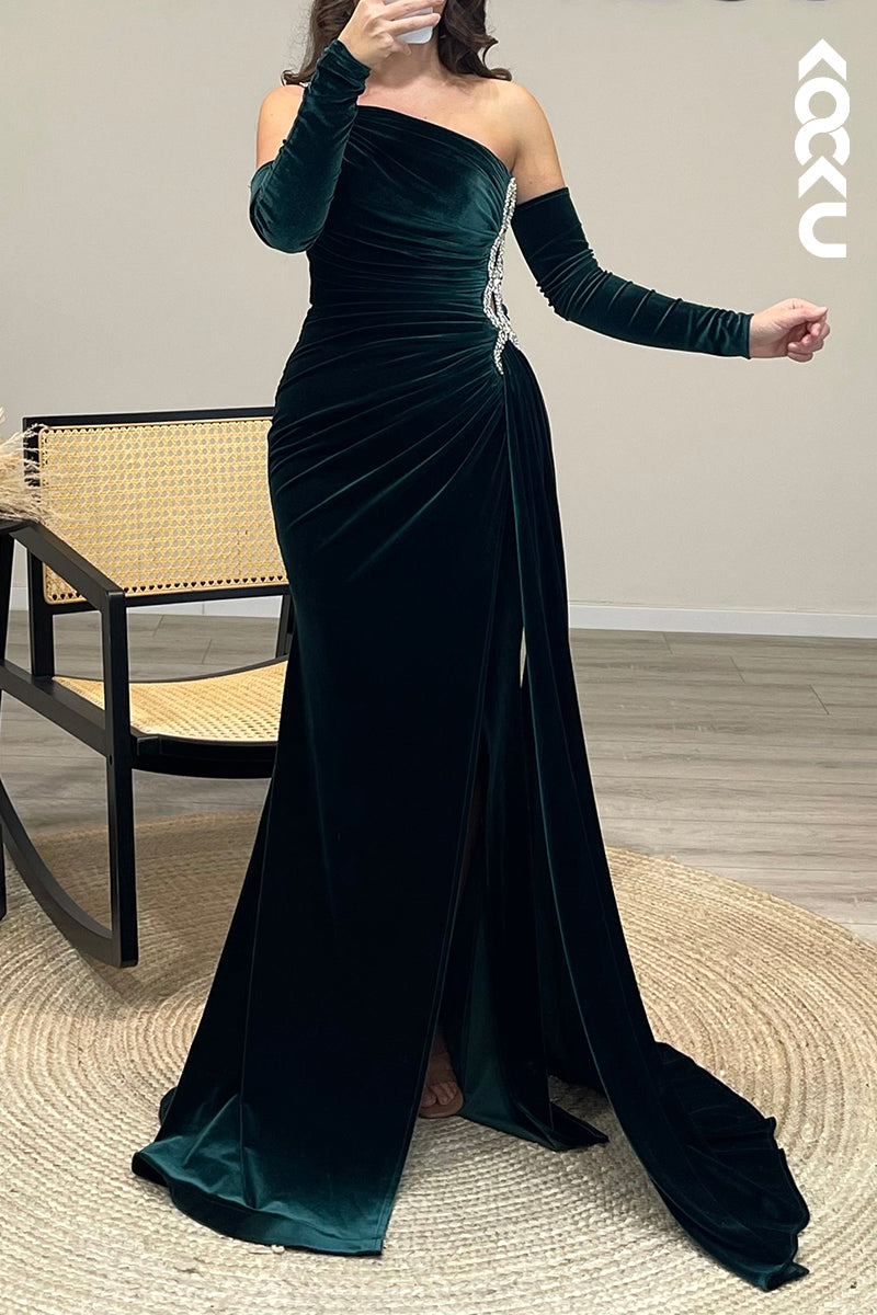 L1261 - One Shoulder Beaded Velvet Mermaid Long Formal Dress for Wedding