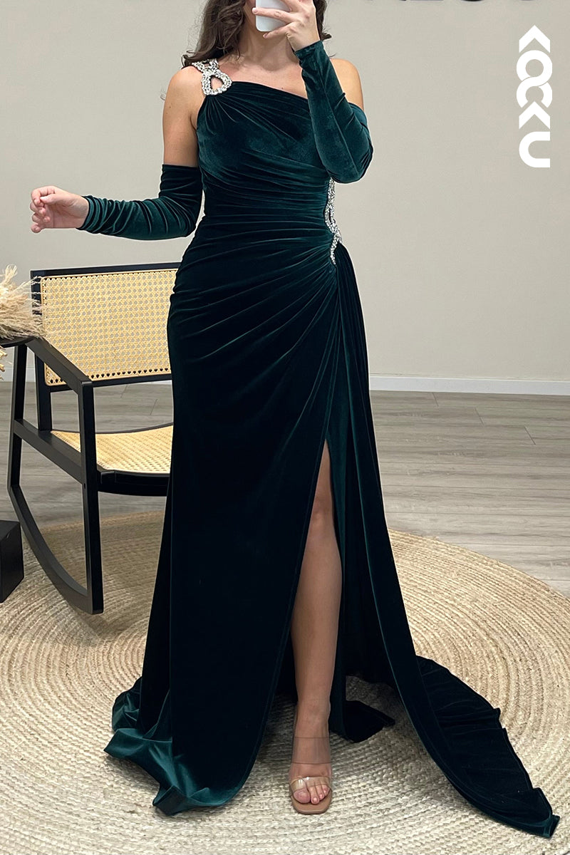 L1261 - One Shoulder Beaded Velvet Mermaid Long Formal Dress for Wedding