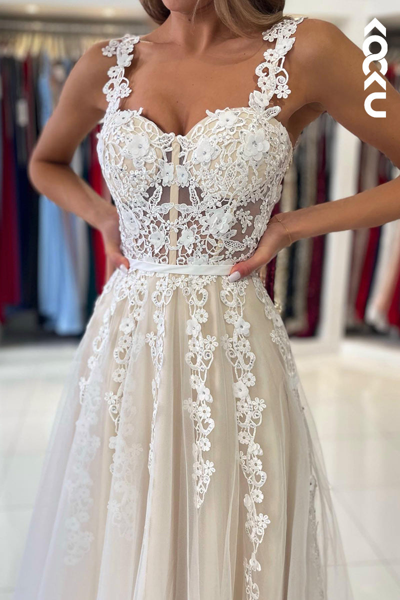 L1263 - A-Line Sweetheart Tulle Appliques Sleeveless Prom Evening Formal Dress