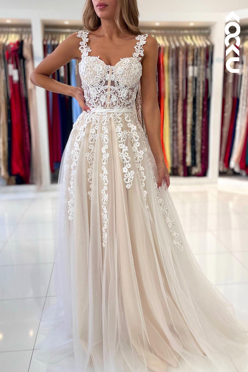 L1263 - A-Line Sweetheart Tulle Appliques Sleeveless Prom Evening Formal Dress