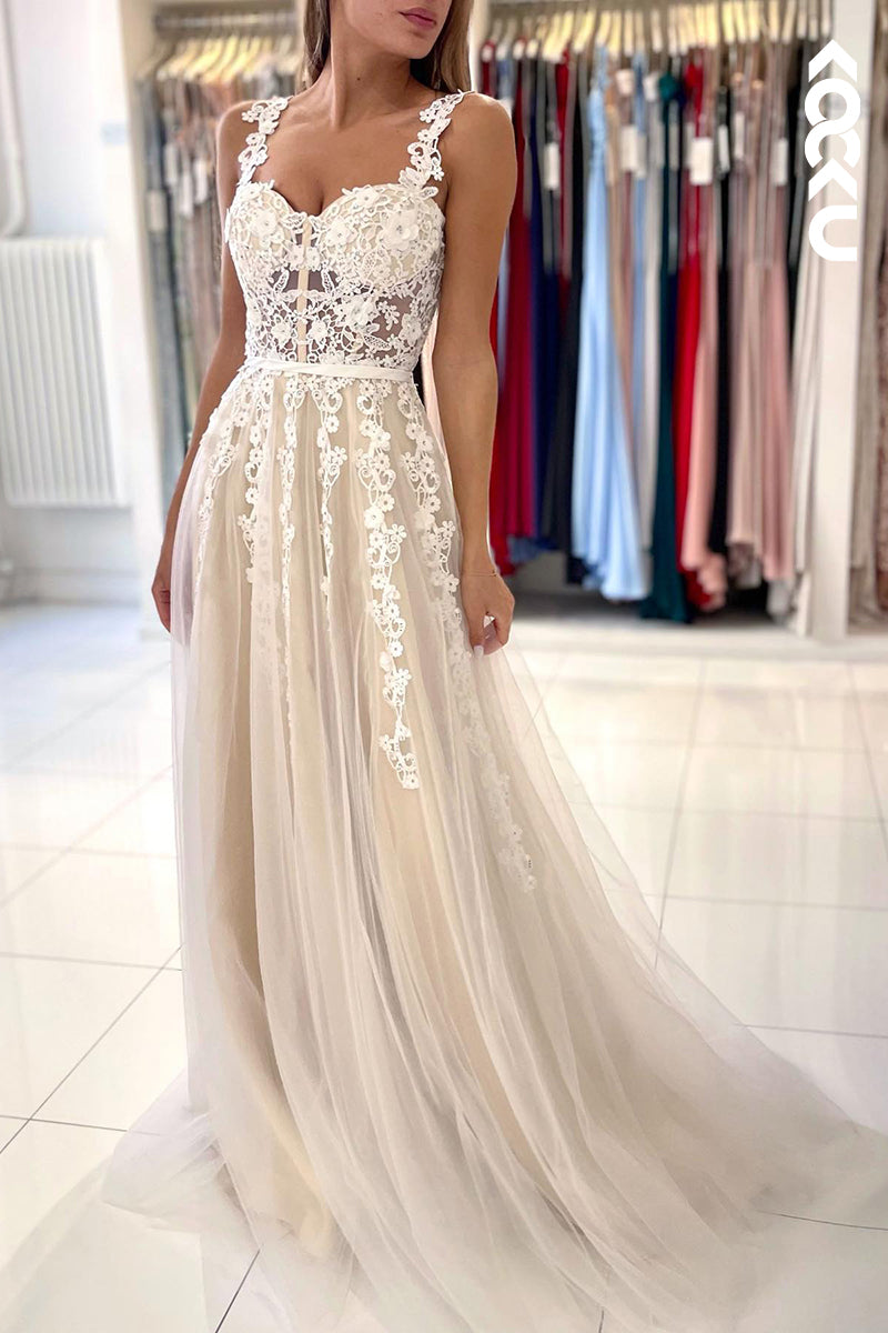 L1263 - A-Line Sweetheart Tulle Appliques Sleeveless Prom Evening Formal Dress