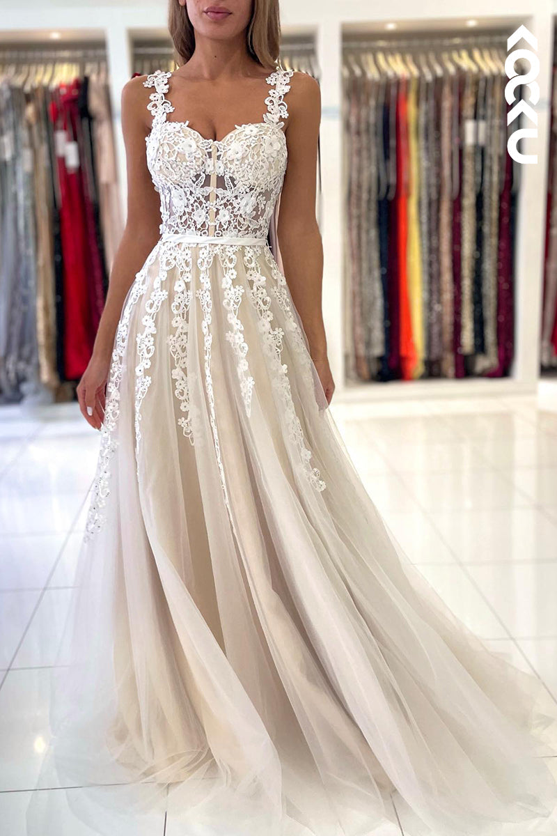 L1263 - A-Line Sweetheart Tulle Appliques Sleeveless Prom Evening Formal Dress