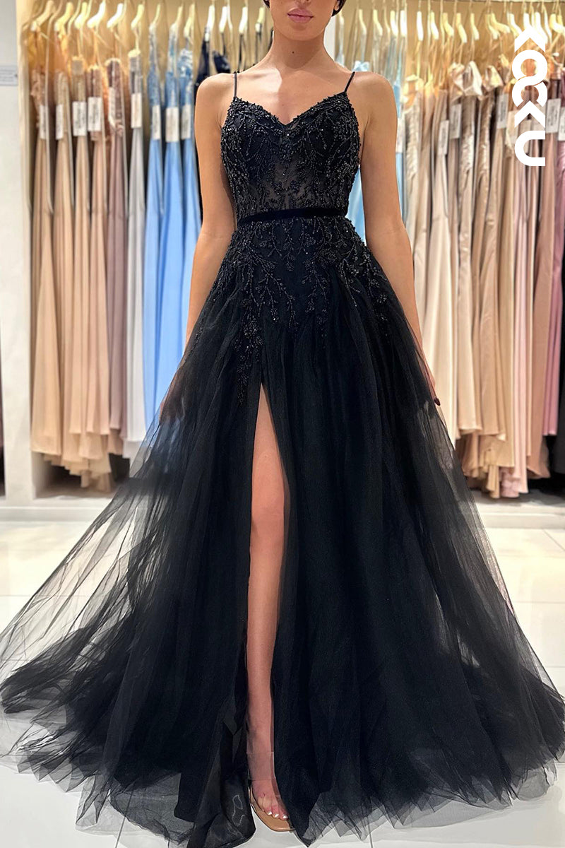 L1264 - A-Line Sweetheart Tulle Appliques Beaded Sleeveless Prom Evening Formal Dress