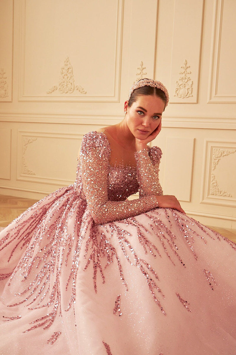 L1270 - A-Line Square Neck Beaded Long Sleeves Tulle Prom Evening Formal Dress