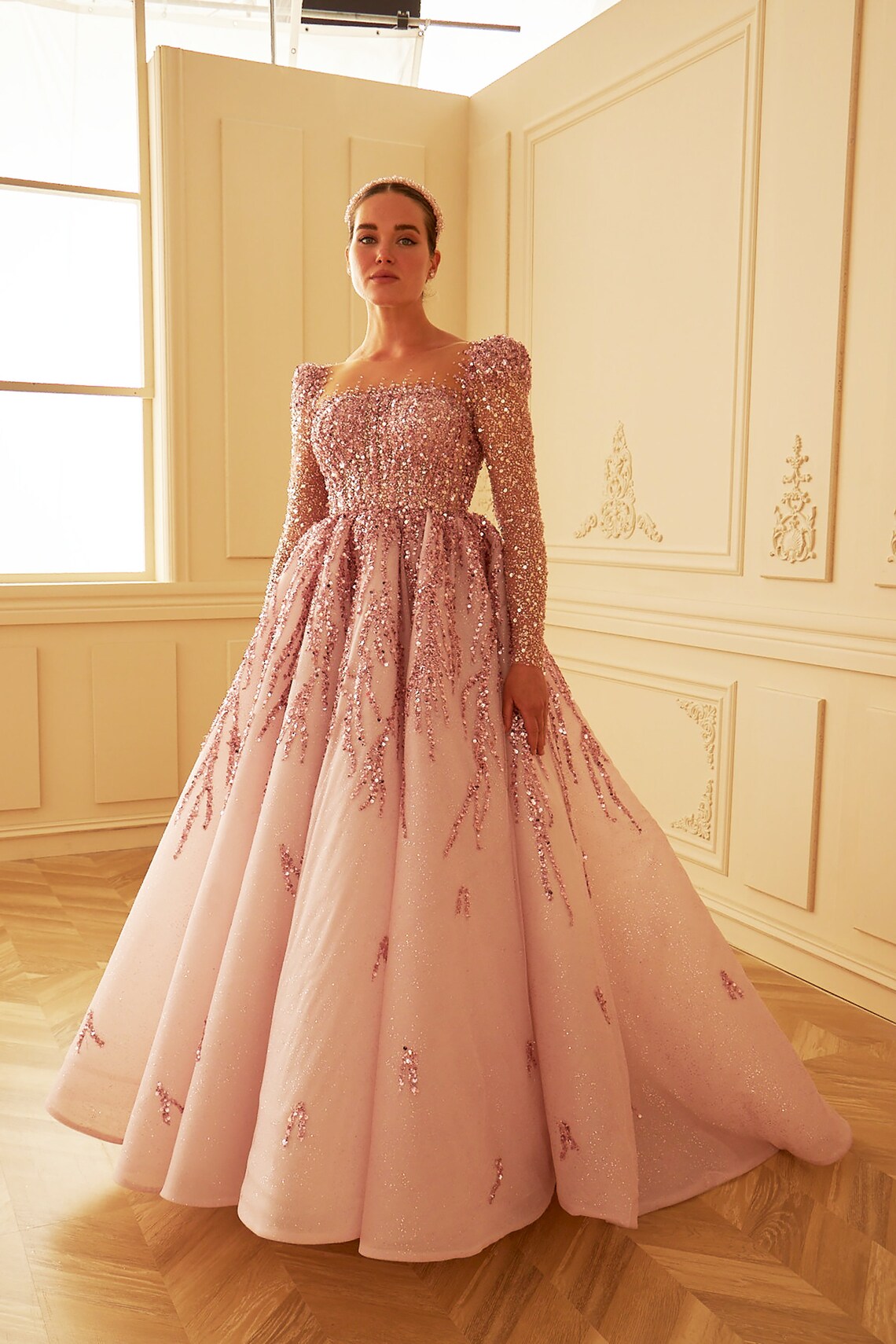 L1270 - A-Line Square Neck Beaded Long Sleeves Tulle Prom Evening Formal Dress