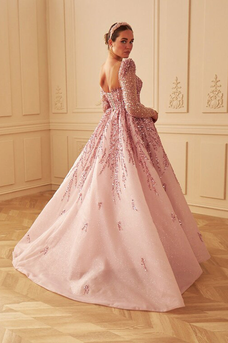 L1270 - A-Line Square Neck Beaded Long Sleeves Tulle Prom Evening Formal Dress