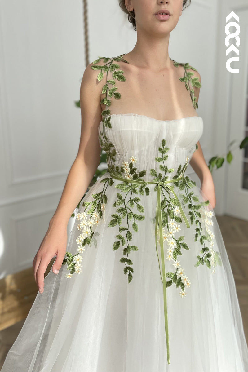 L1272 - A-Line Straps Tulle Appliques Sleeveless Prom Evening Formal Dress
