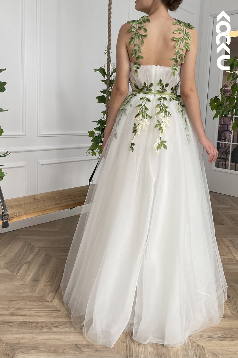 L1272 - A-Line Straps Tulle Appliques Sleeveless Prom Evening Formal Dress