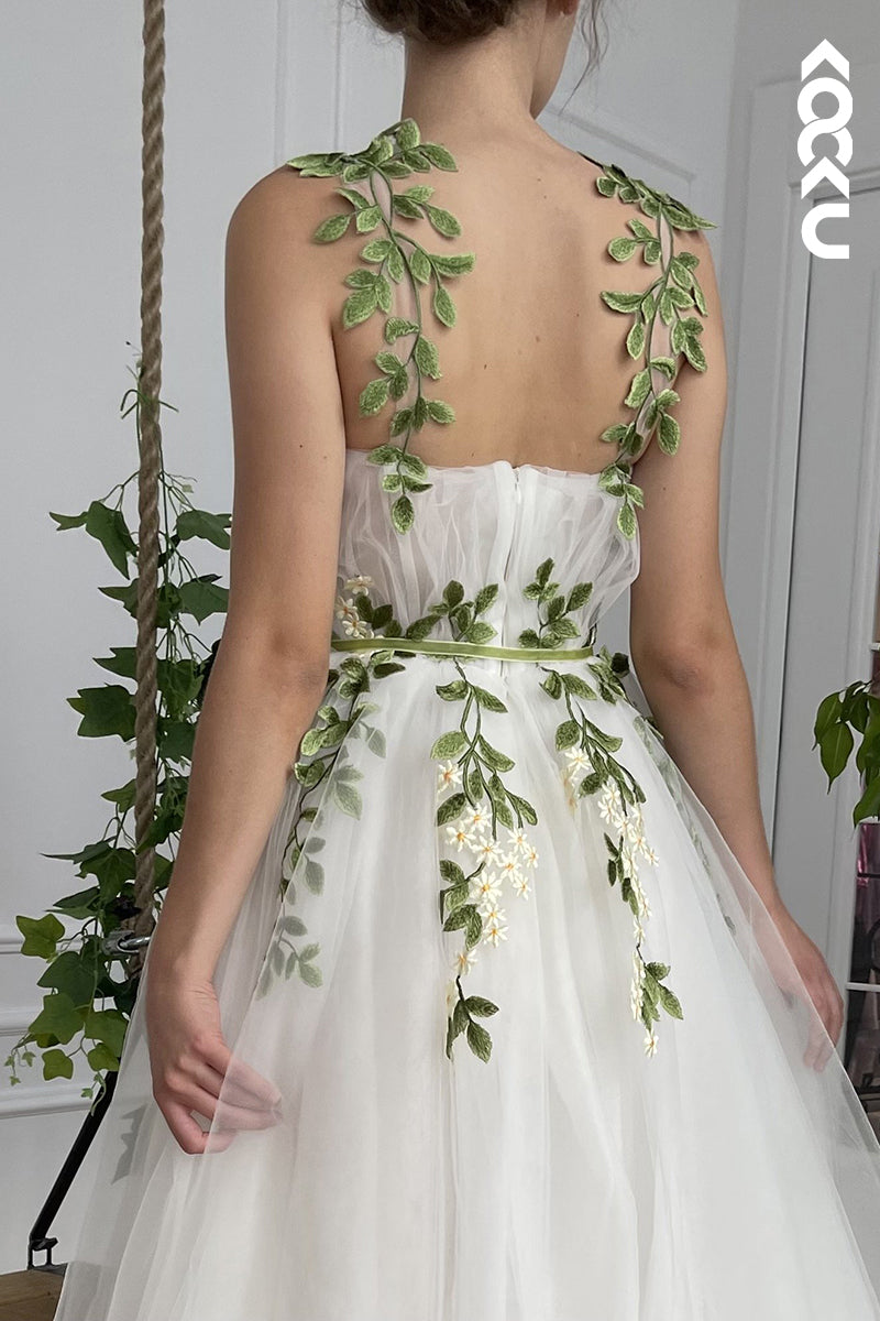 L1272 - A-Line Straps Tulle Appliques Sleeveless Prom Evening Formal Dress