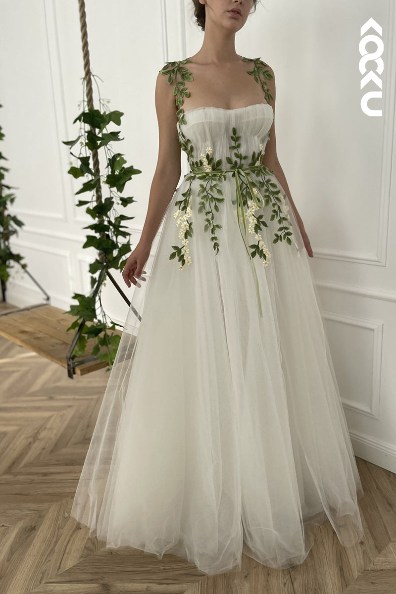 L1272 - A-Line Straps Tulle Appliques Sleeveless Prom Evening Formal Dress