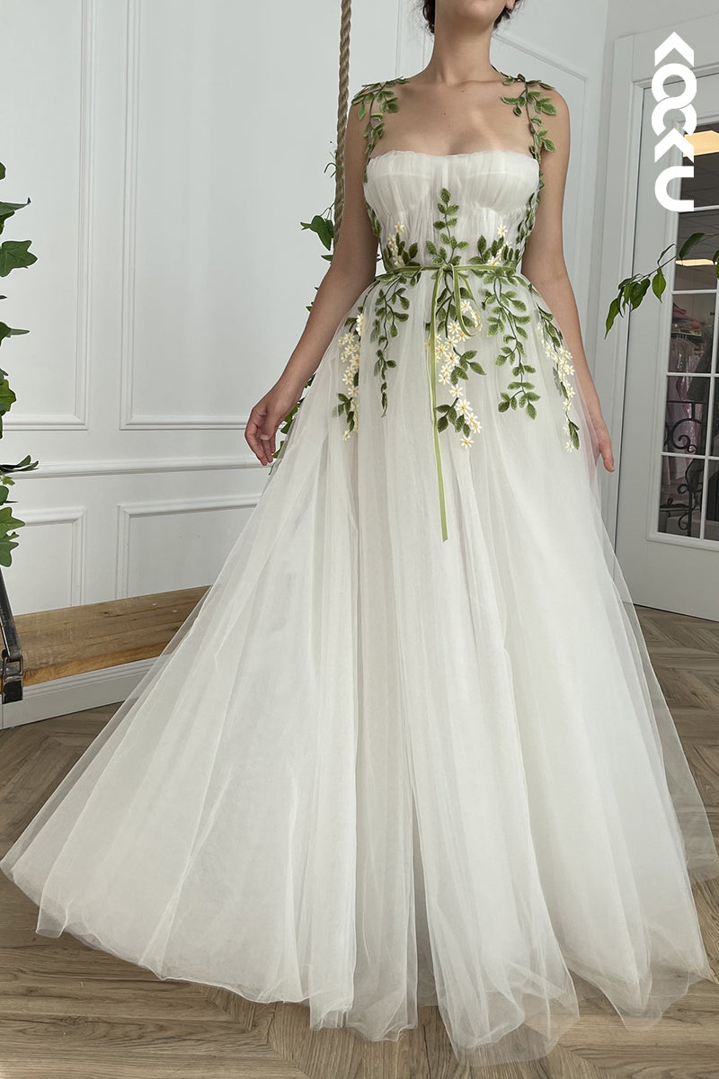 L1272 - A-Line Straps Tulle Appliques Sleeveless Prom Evening Formal Dress