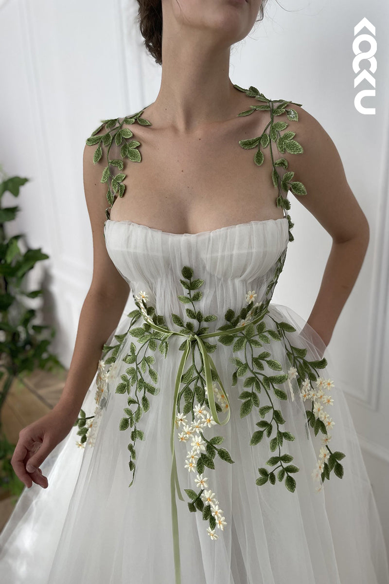 L1272 - A-Line Straps Tulle Appliques Sleeveless Prom Evening Formal Dress