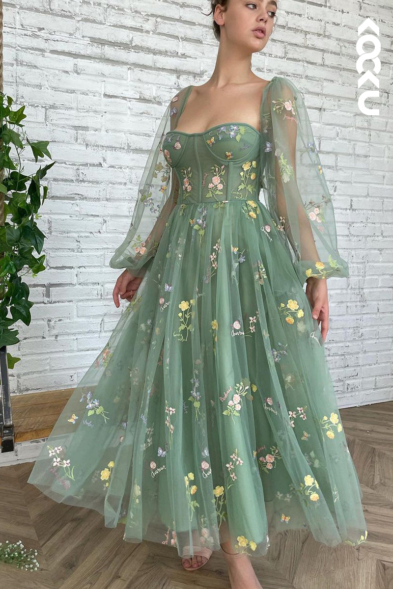 L1275 - A-Line V-Neck Tulle Appliques Half Sleeves Prom Evening Formal Dress