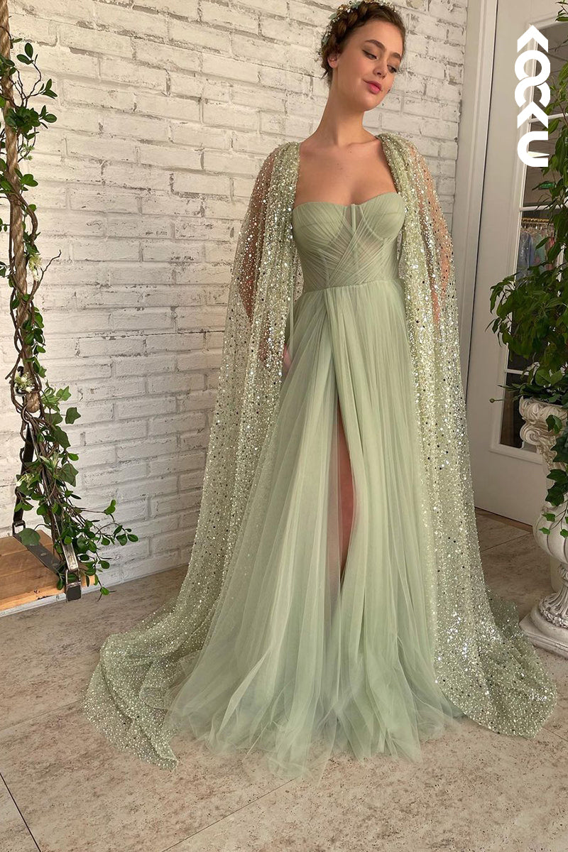 L1276 - Two-Piece Strapless Tulle Sequins Split Prom Evening Formal Dress