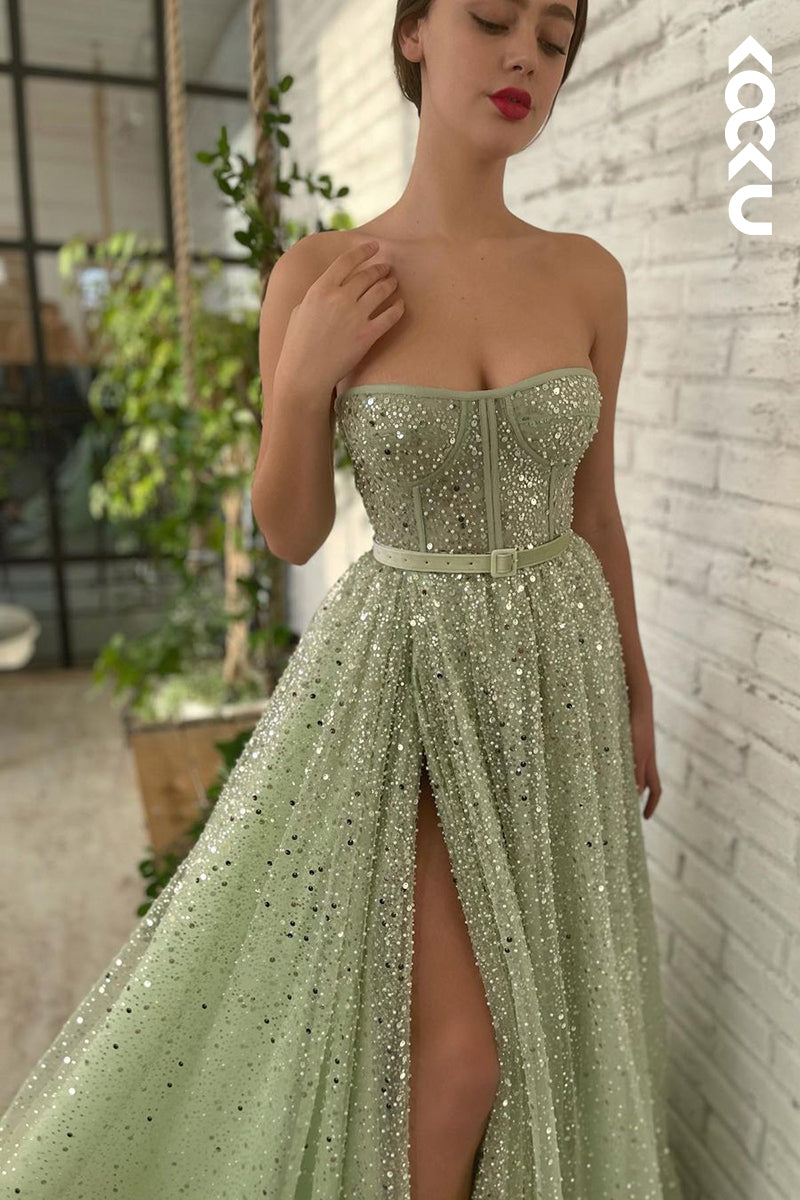 L1277 - A-Line Strapless Sequined Split Sleeveless Prom Evening Formal Dress