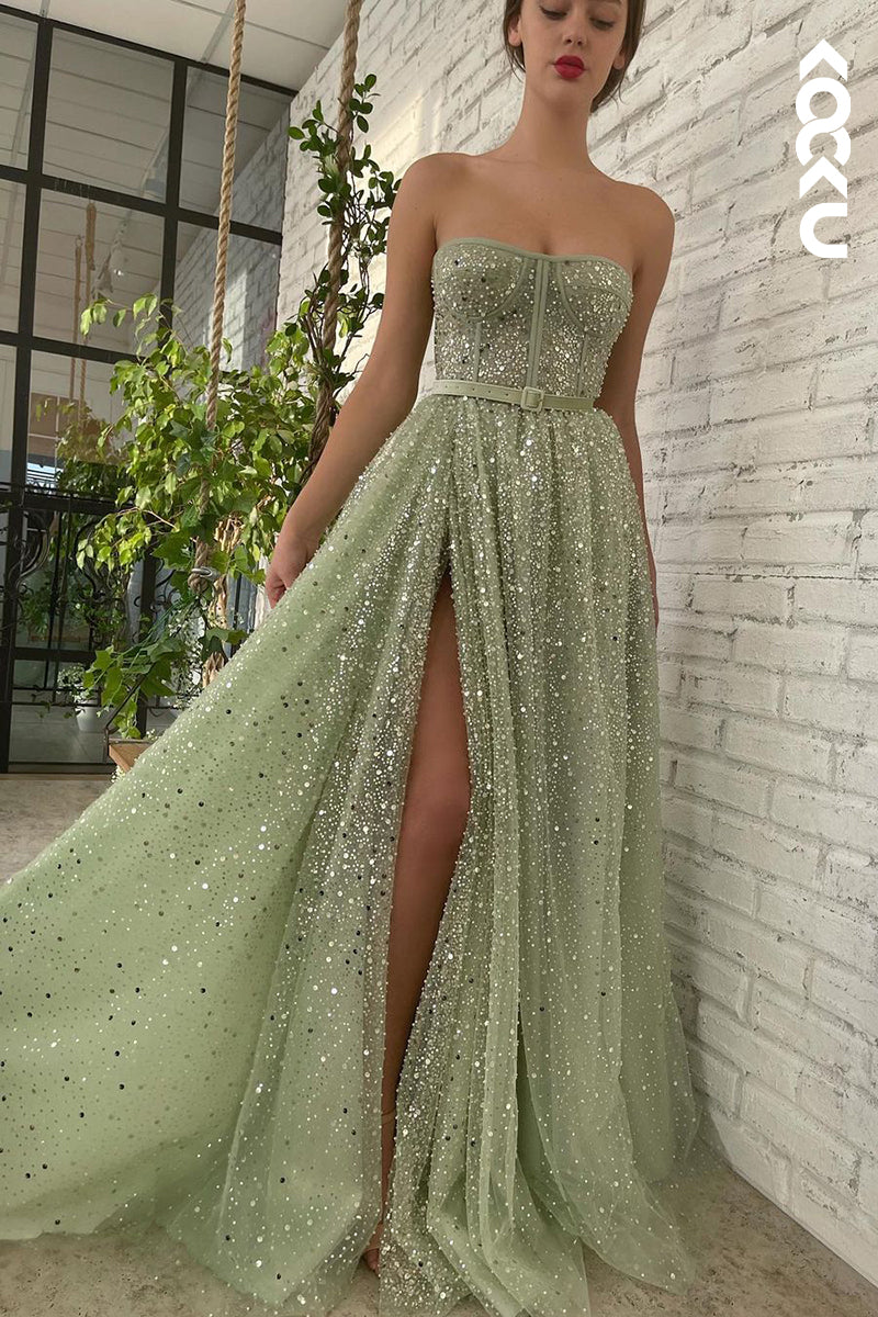L1277 - A-Line Strapless Sequined Split Sleeveless Prom Evening Formal Dress