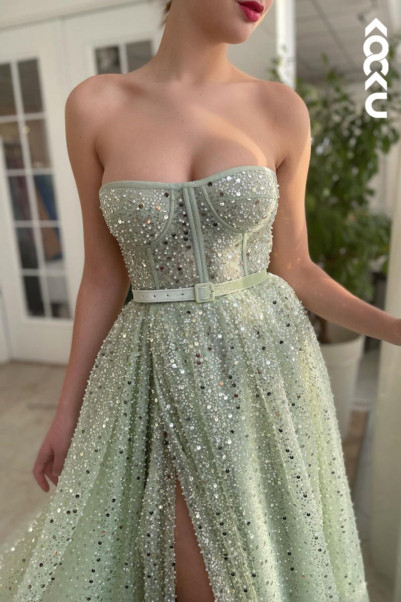 L1277 - A-Line Strapless Sequined Split Sleeveless Prom Evening Formal Dress