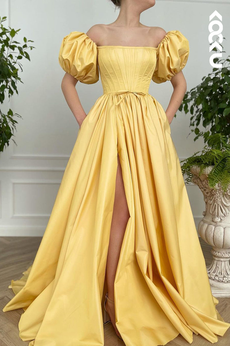 L1278 - A-Line Off-Shoulder Satin Pleats Short Sleeves Prom Evening Formal Dress
