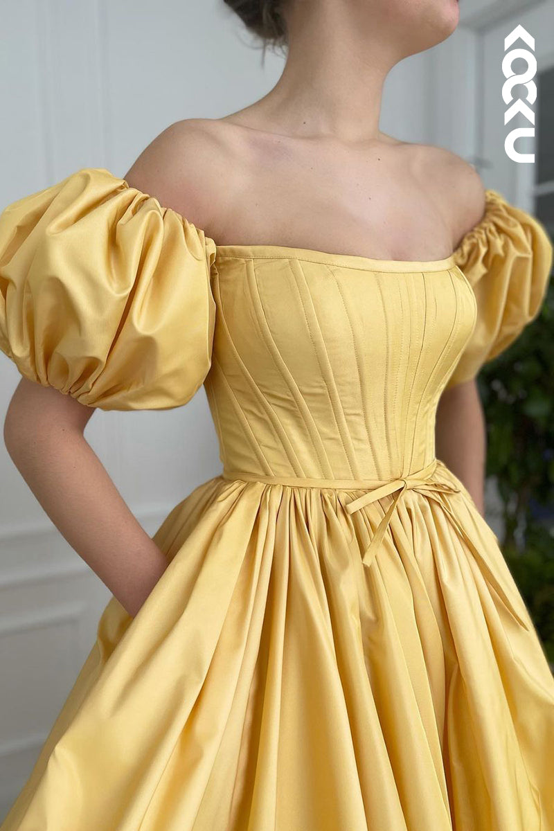 L1278 - A-Line Off-Shoulder Satin Pleats Short Sleeves Prom Evening Formal Dress