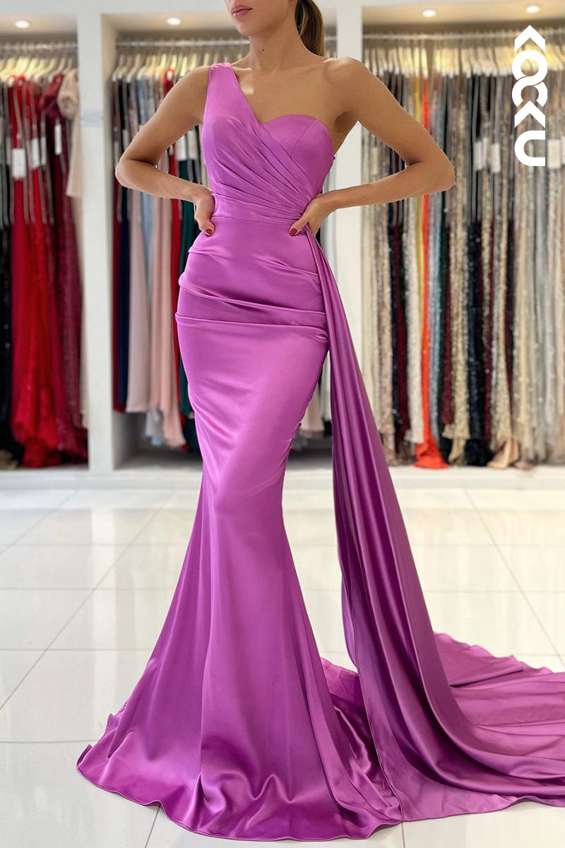 L1280 - Trumpet/Mermaid One Shoulder Satin Pleats Sleeveless Prom Evening Formal Dress