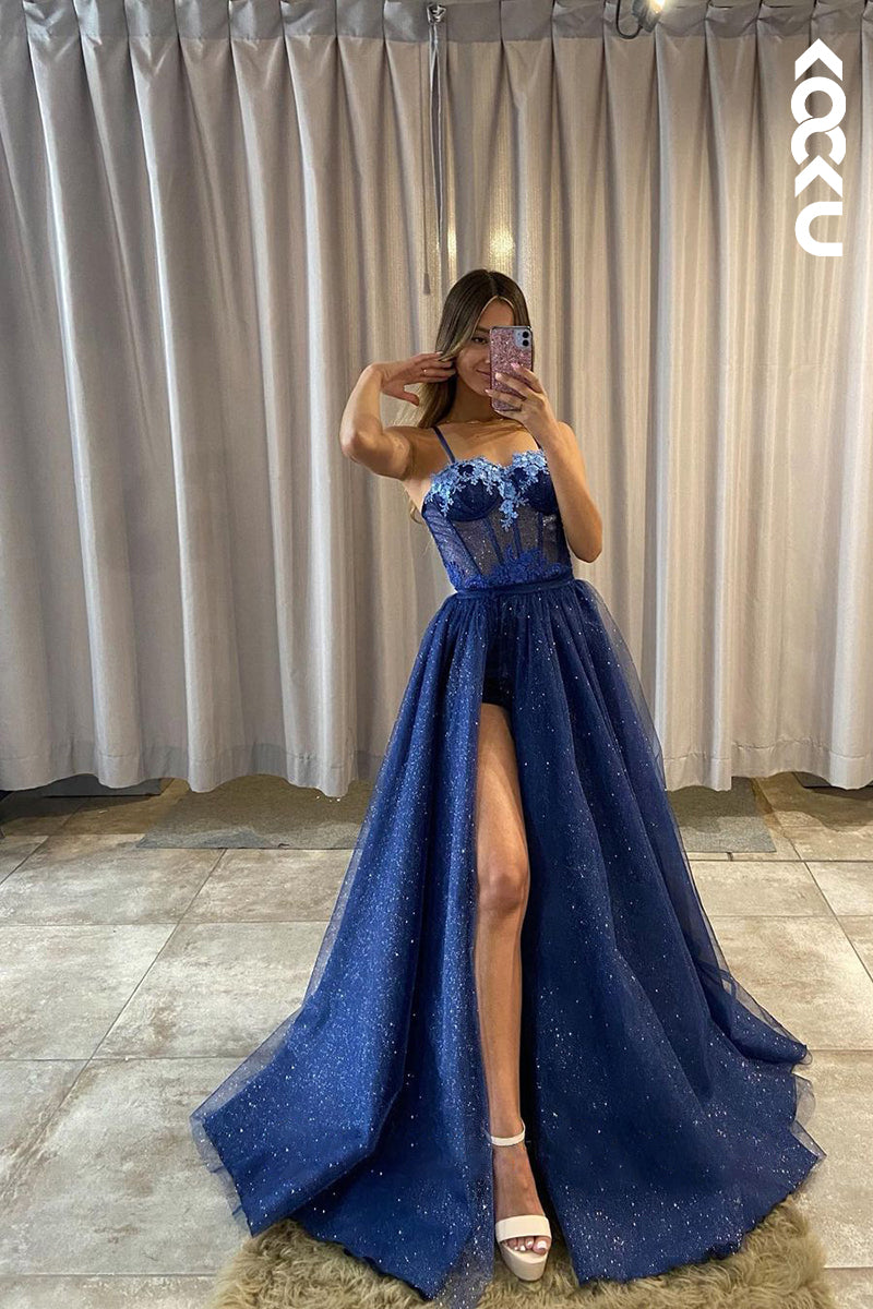 L1281 - A-Line Straps Tulle Appliques Sequins Sleeveless Prom Evening Formal Dress